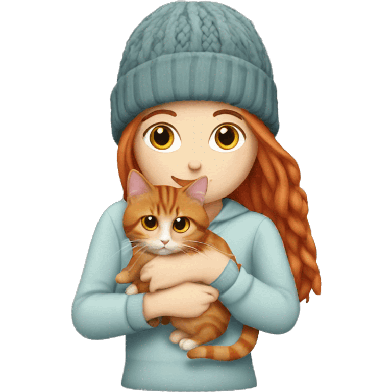 Long Red haired white woman in beanie with holding a long haired tabby cat emoji