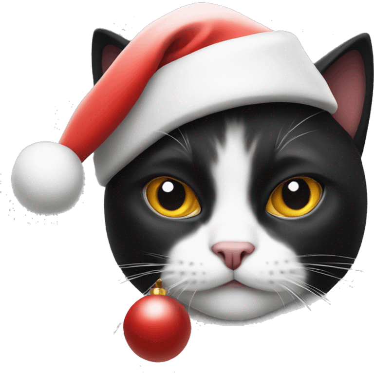 White and black cat wearing Santa hat emoji