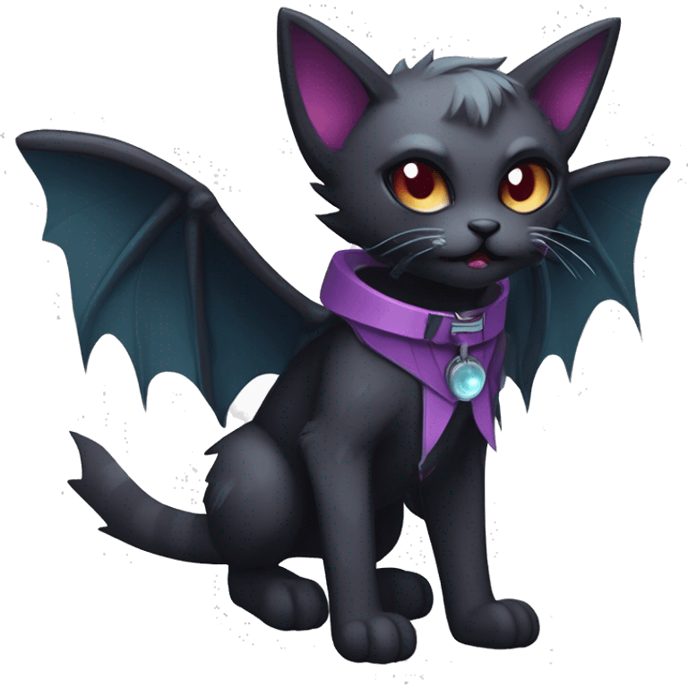   cool edgy kawaii ethereal dark-punk-themed animal vampiric cat-hybrid Fakemon with fangs and bat-wing-ears with a collar full body emoji