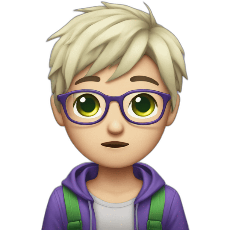 chibi, short blue and purple hair, green eyes, glasses crying emoji