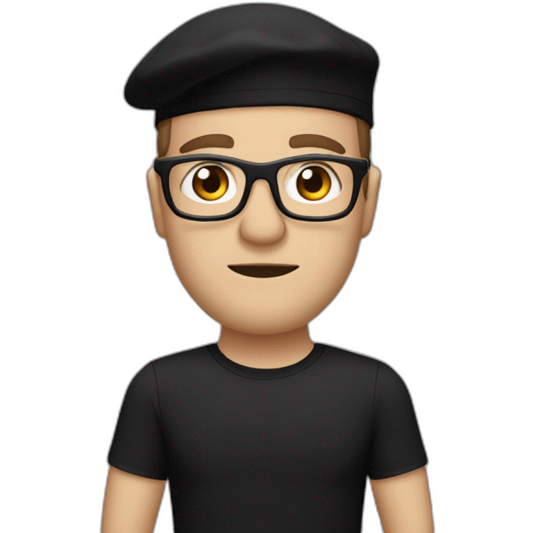 drummer man, grumpy, caucasian, with a black beret, glasses, and black t-shirt emoji