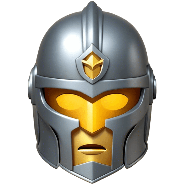 Clash of Clans aesthetic: Cinematic heroic Steel full face Helm Emoji, rendered in a 3D vector-style similar to standard emojis with minimal shading and bold, simplified shapes. A compact, isometric helmet crafted of shining steel with intricate engravings and a protective visor, softly glowing with a noble warrior charm. Simplified yet unmistakably iconic, highly detailed and consistent, glowing with a soft radiant gleam and high polish. Stylized with a touch of chivalric tradition and a soft glowing outline, capturing the essence of a stalwart battle helm with a friendly, playful manner! emoji