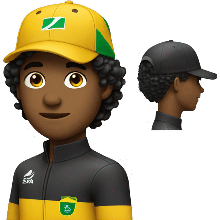 young guy with small wavy hair brazilian race suit with side profile and hat without smile emoji