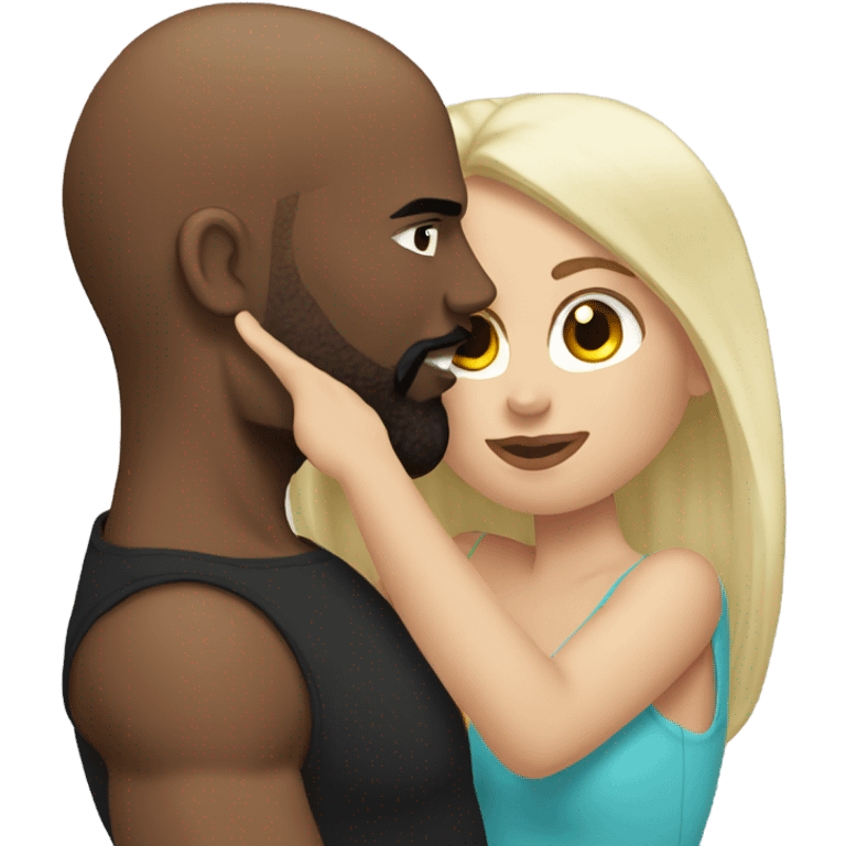 White brunette kissing muscular black bald man with beard emoji