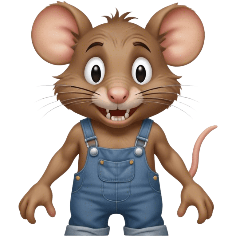  disheveled dizzy cartoon hillbilly rat wearing overalls no shirt. standing and talking full body. human eyes. teeth showing talking. walking talking moving arms. angry expression emoji