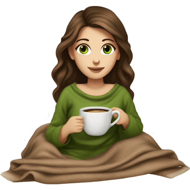 A beautiful girl with brown hair and green eyes cozy with a nude blanket and a cup of coffee  emoji