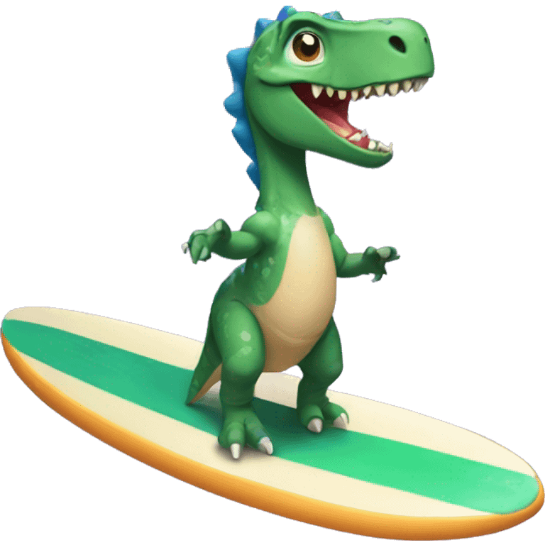 Dinosaur wearing a dress riding a surfboard emoji