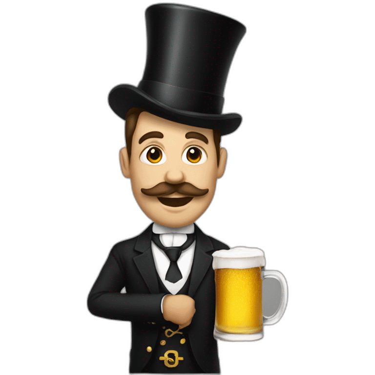 man in black Masonic attire, black top hat, white tie, holding a mug of beer emoji