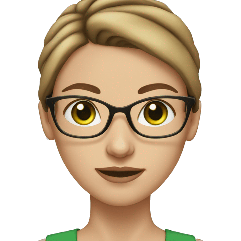 white skin woman with brown hair bun with green eyes and glasses emoji