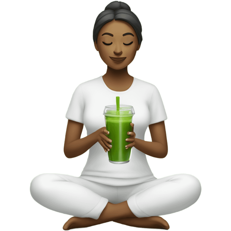 A woman in white meditating while holding a green smoothie emoji