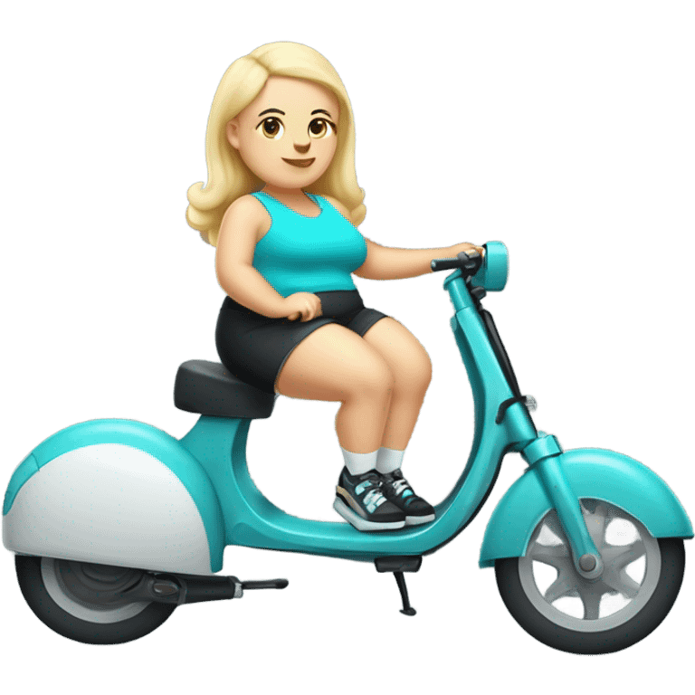 Chubby blonde girl with pattern baldness in a cyan shirt, bike shorts, black slide sandals and white socks riding a kick scooter emoji