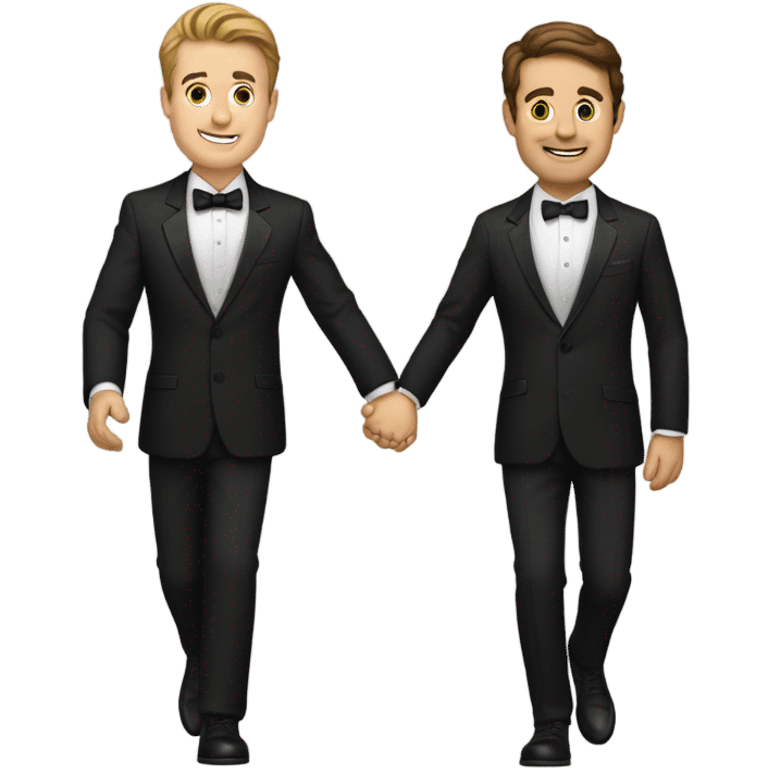 Two white guys holding hands walking, brown hair, tuxedos emoji