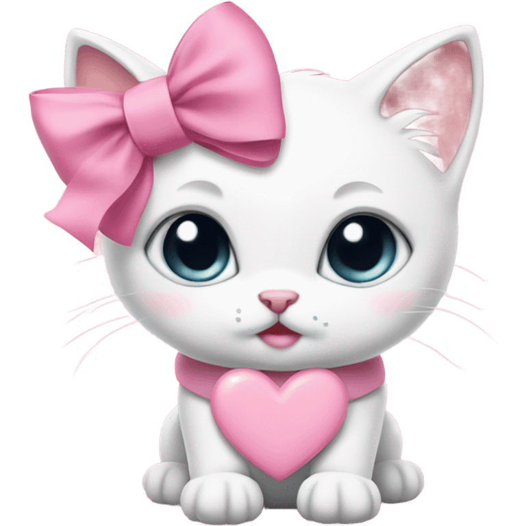 white kitten wearing pink collar with heart shaped bow and a pink ribbon bow on her head emoji