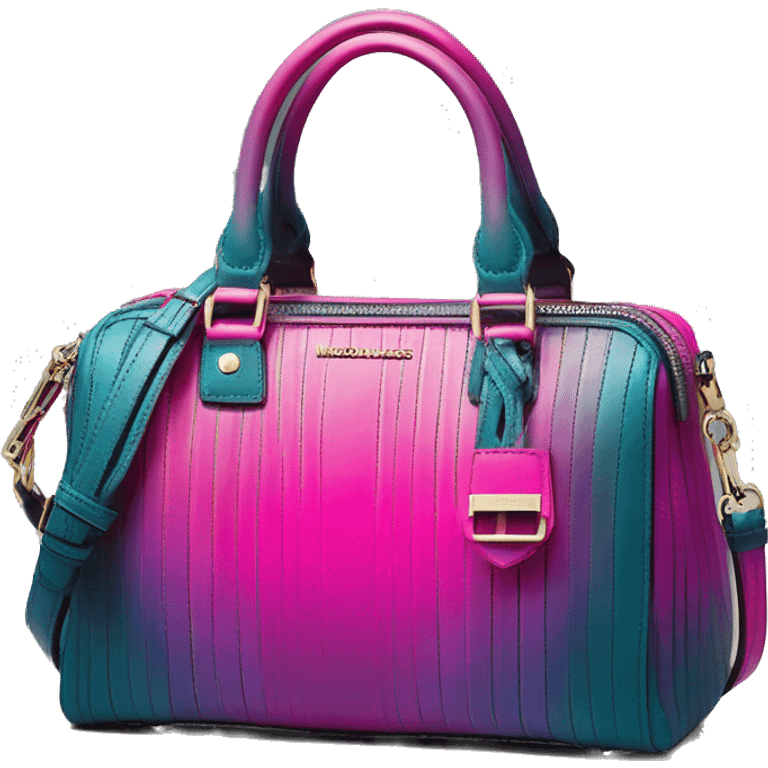 Realistic isolated neon magenta and dark teal blue ombre pinstripe Michael Kors satchel handbag purse.  emoji