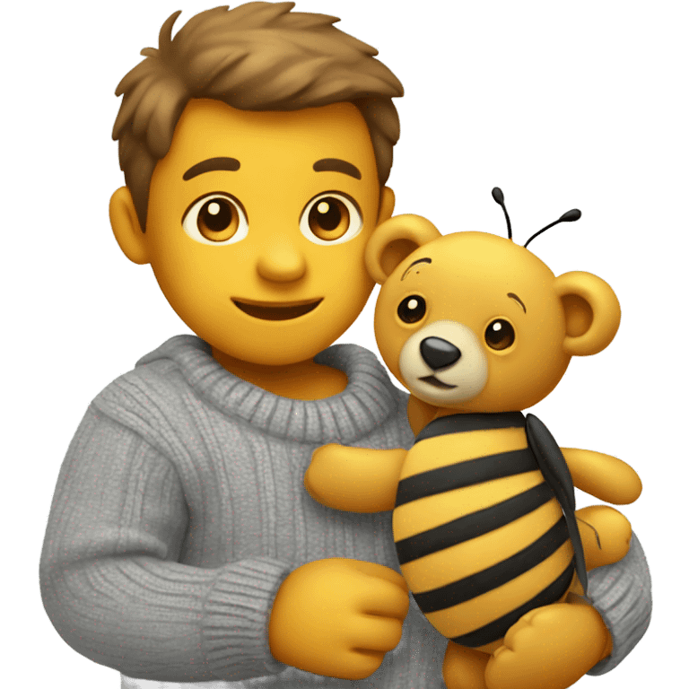 Teddy bear wearing grey sweater playing with a bee  emoji