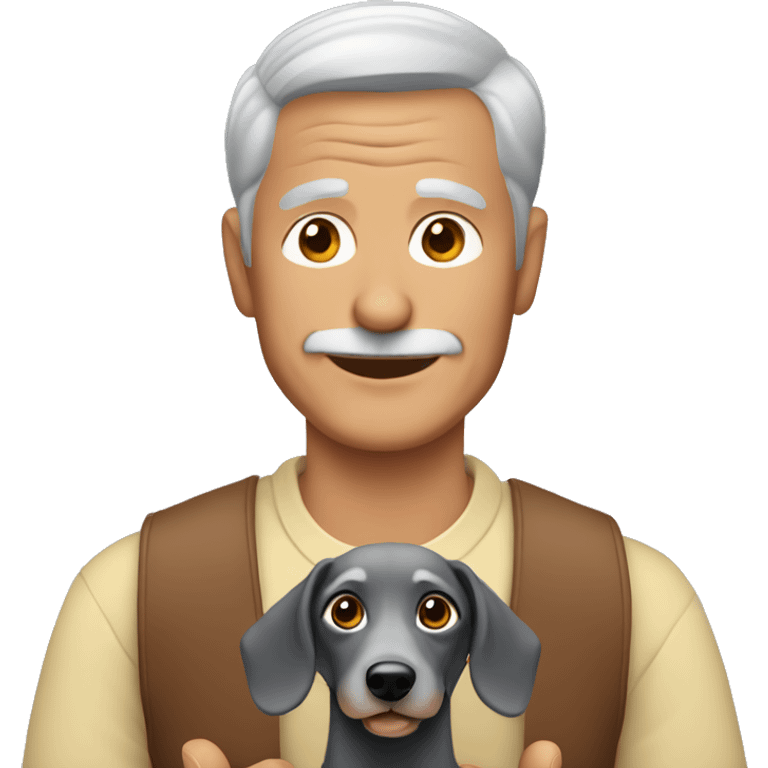 Older man with short grey hair holding a dachshund in his arms emoji