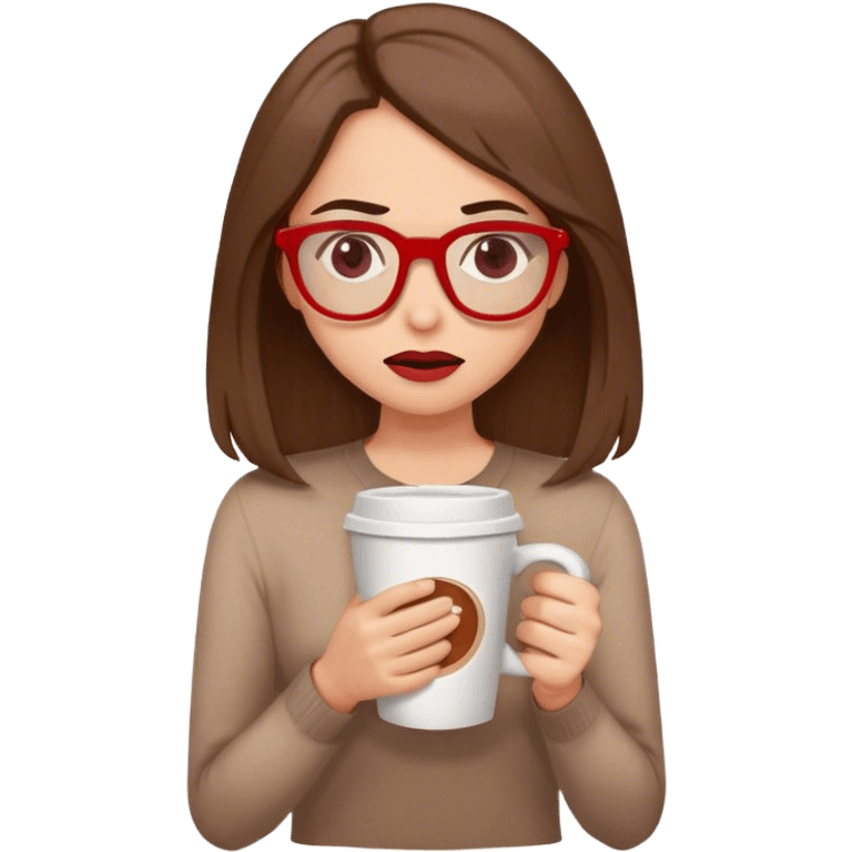 Brown shoulder length hair. Woman, red glasses. Very big coffee. Looks stressed emoji