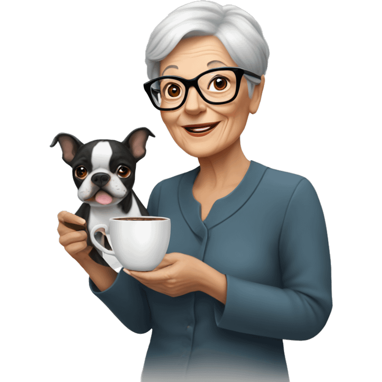 Older lady with silver short hair and big glasses holding a cup of coffee with a Boston terrier emoji