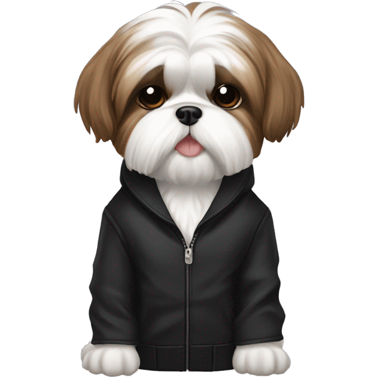 The Shih Tzu dog is white and brown in a black jacket emoji