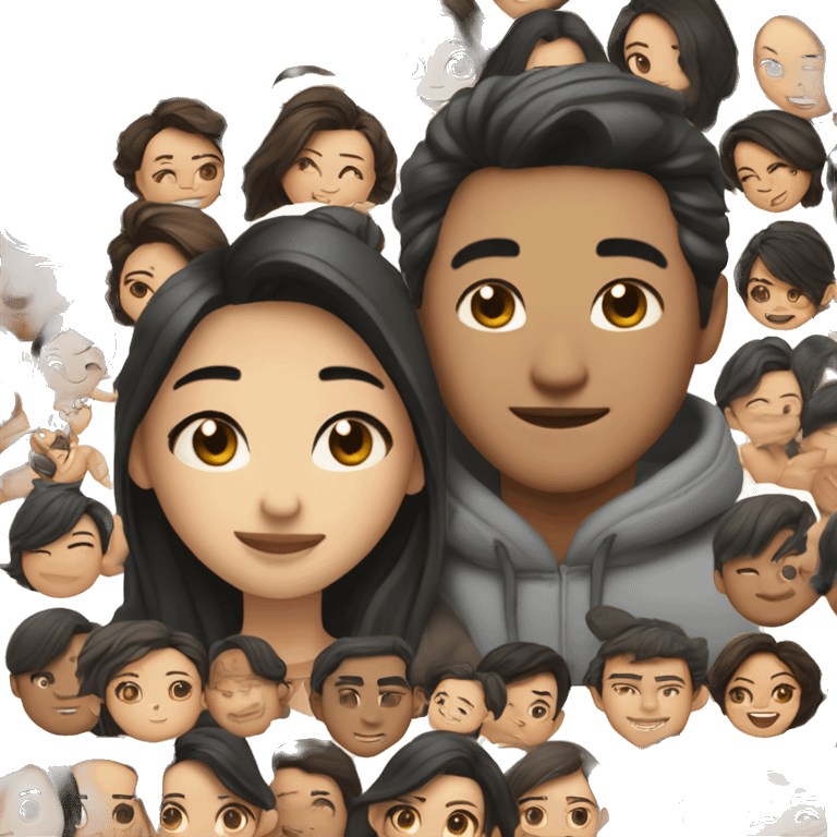 A half pale Asian man with short dark hair and amber eyes embracing and loving a half Asian woman with long wavy dark hair and dark hazel eyes. They love each other a lot And have good fashion taste. emoji