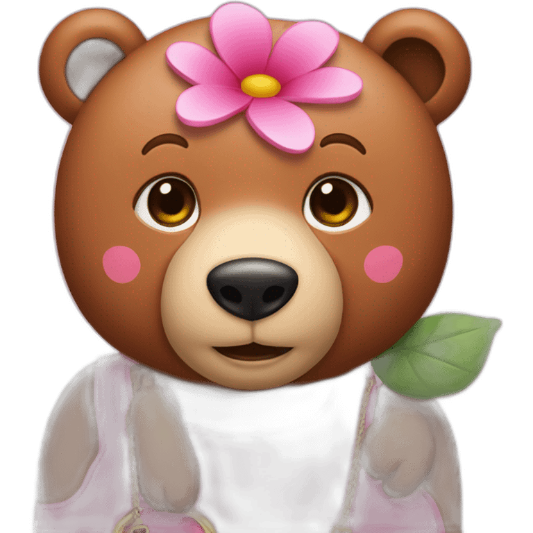 A large pink bear with a pink flower on its head and a brown handbag emoji