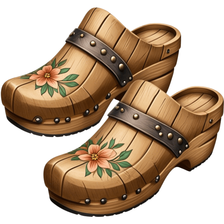 Cinematic Realistic Wooden Clogs Emoji, depicted as a pair of traditionally carved weathered wooden clogs with intricate details and rustic charm, rendered with rich textures and warm natural lighting that captures their cultural heritage. emoji