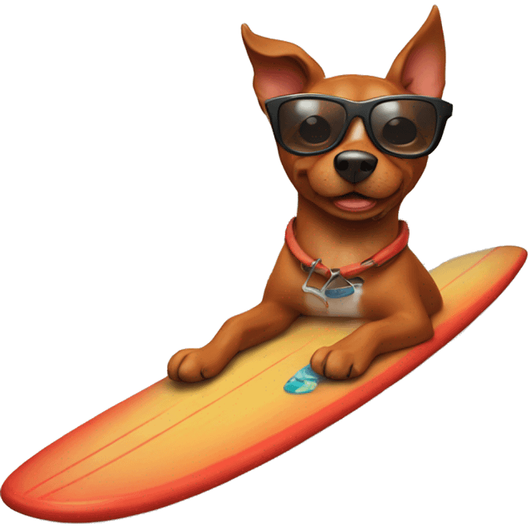 Red/ brown dog with sunglasses riding a surfboard with fish  emoji