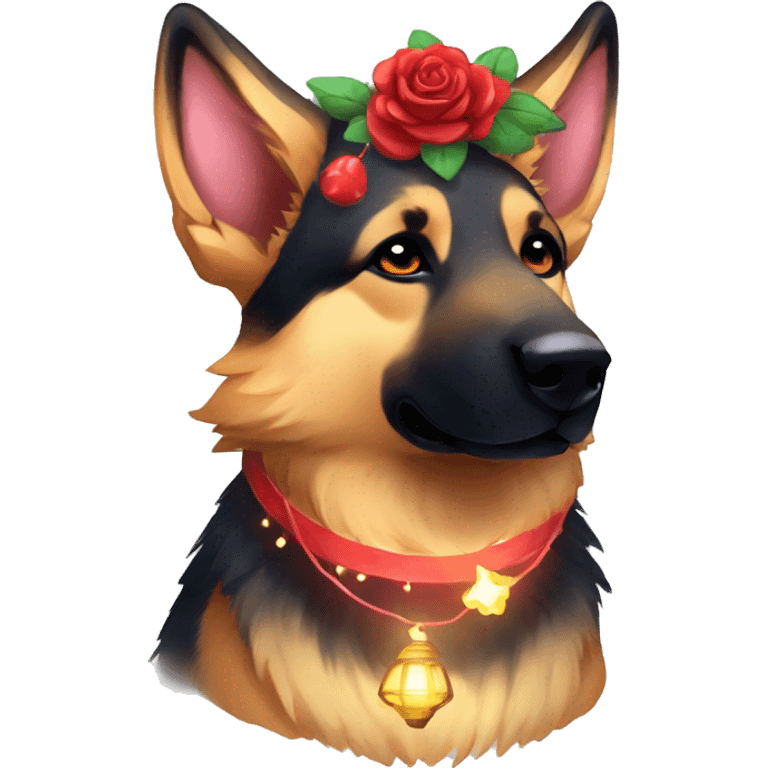 Midnight starry Brindled German shepherd fox carrying glowing red lantern, fairy lights, rose flower crown emoji