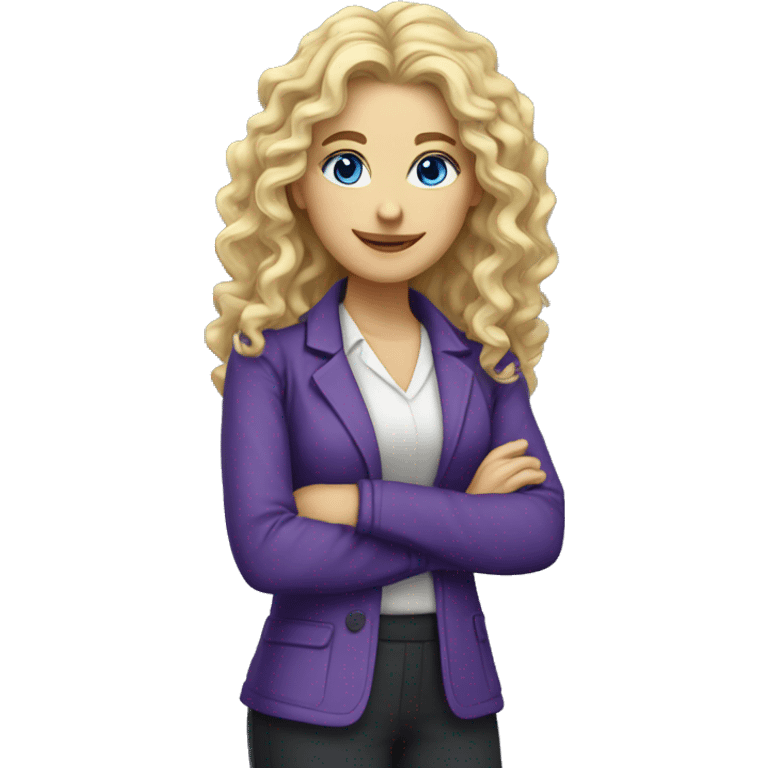 Woman teacher, blonde long curly hair,  blue eyes, purple jacket, with book emoji