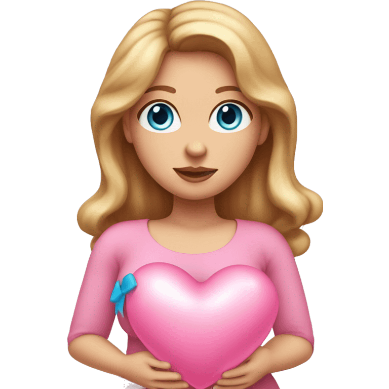 White pregnant lady, with Long Light Brown hair and blue eyes. She is wearing a tight pink dress and a bow,  standing and holding two pink heart balloons. emoji