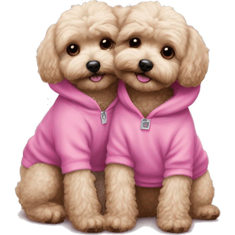 2 dark maltipoo dogs hugging, one wearing a pink sweatshirt and the other wearing a blue sweatshirt emoji