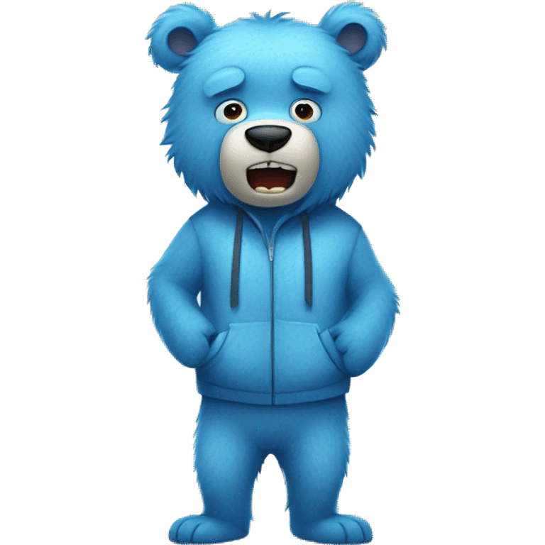 Teenager Fuzzy blue bear wearing clothes being scared and holding face  emoji