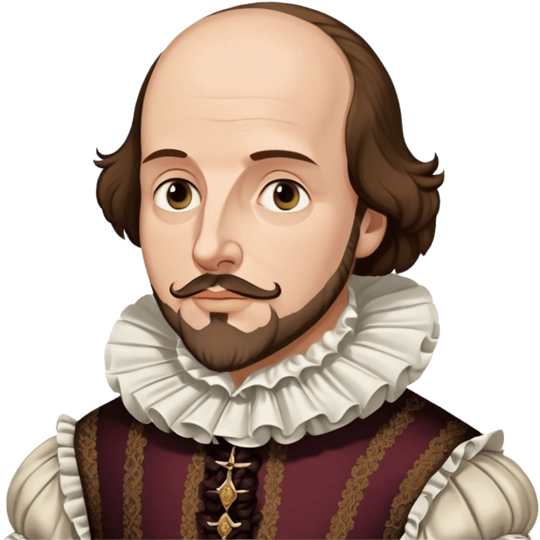 Cinematic Realistic portrait of William Shakespeare, depicted as an iconic playwright in richly detailed Elizabethan attire with a ruffled collar, expressive eyes, and a thoughtful gaze, bathed in dramatic historical lighting that evokes the Bard’s timeless legacy emoji