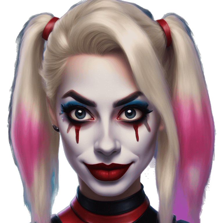 Synthwave Harley Quinn in Uncle Scrooge style, oil paint, mysterious eyes, intricate lips, masterpiece top portrait, beautiful, desirable, logical emoji