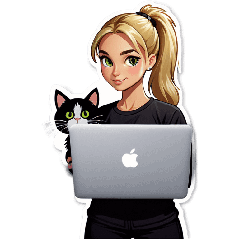 Blonde girl ponytail macBook and a cat emoji