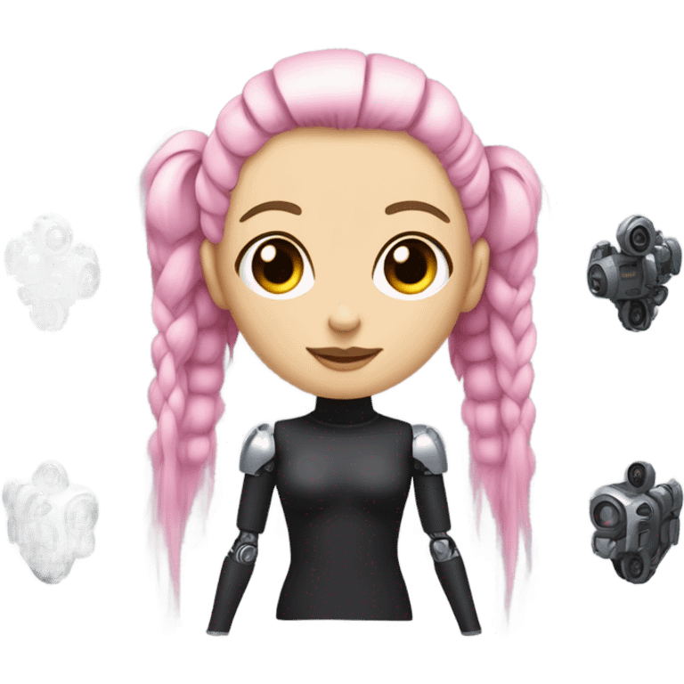 cyborg girl, pink hair, robot body, gynoid, twintails, cyberpunk, black turtleneck emoji