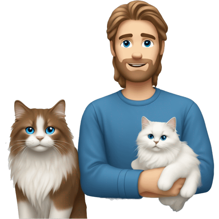 Man with long brown hair and holding a all white Siberian cat with blue eyes emoji