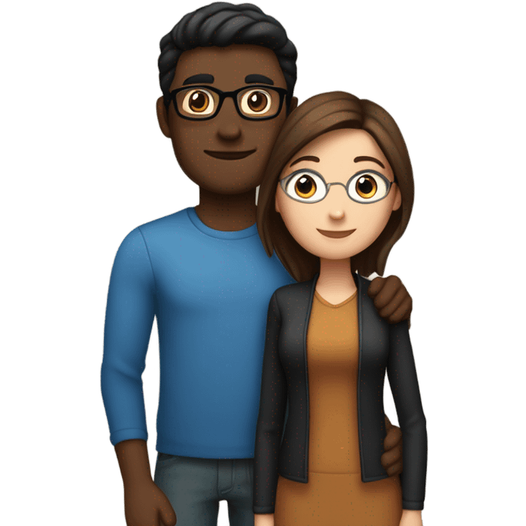 Couple embracing with arms around each other; white woman with blue eyes and brown hair, Indian man with black hair and glasses emoji