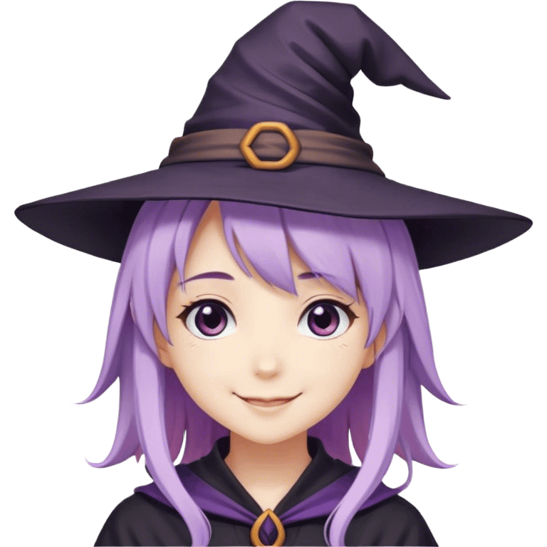 cute anime girl with lilac hair wearing a witch hat smiling emoji