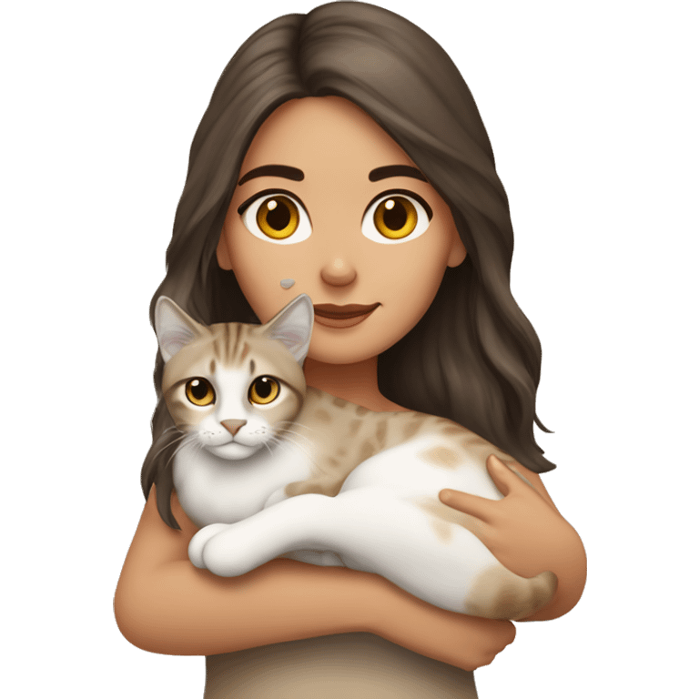 brunette girl cuddling a lynx point cat  emoji