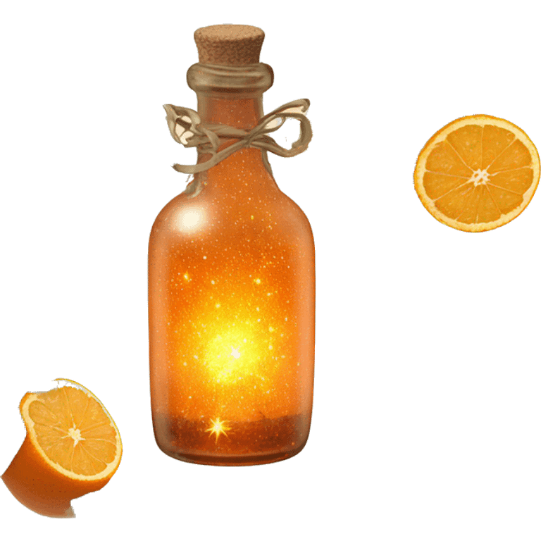 Orange magic fairy light sparkling old Antique bottle with poison and with herbal and flowers emoji