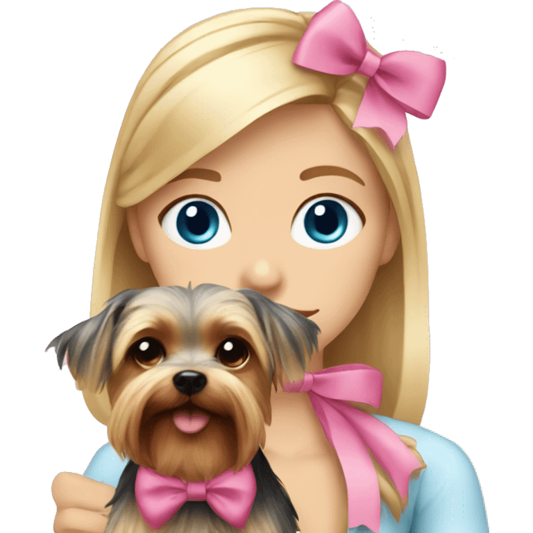 Blonde girl blue eyes with her pet yorkshire terrier with pink bow emoji