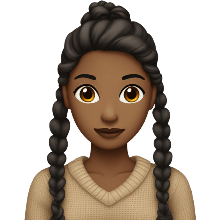 brown skin, brown eyes, black hair, tan sweater, black long ponytail with a tan bow in shot  emoji