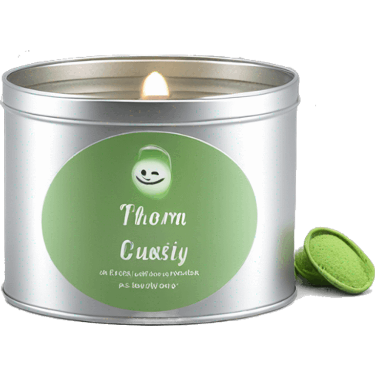 small pretty matcha scented candle in silver tin with label realistic emoji