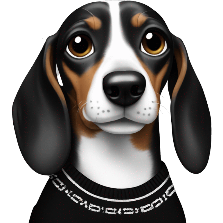 Dachshund wearing black and white Sweater with chanel logo  emoji