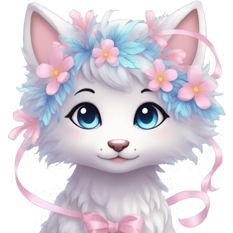 Anthro Cute Cool Blushing Pastel Innocent Shy Kawaii gorgeous sparkly ethereal fantasy anime animal creature with blue eyes furry sona with flowers and ribbons beautiful aesthetic emoji