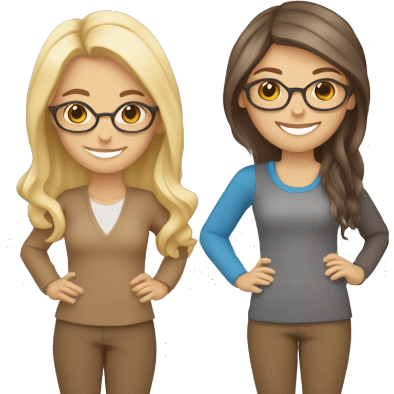 Smiling women, on the left side blonde with blue eyes and middle length straight hair and on tve right brunette with wavy hair, brown eyes and brown glasses, smiling and holding hands emoji