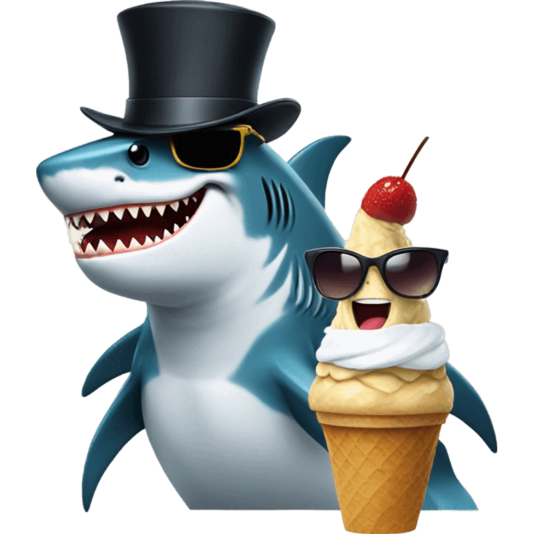 Shark with sunglasses eating ice cream while sitting next to a eagle with a top hat emoji