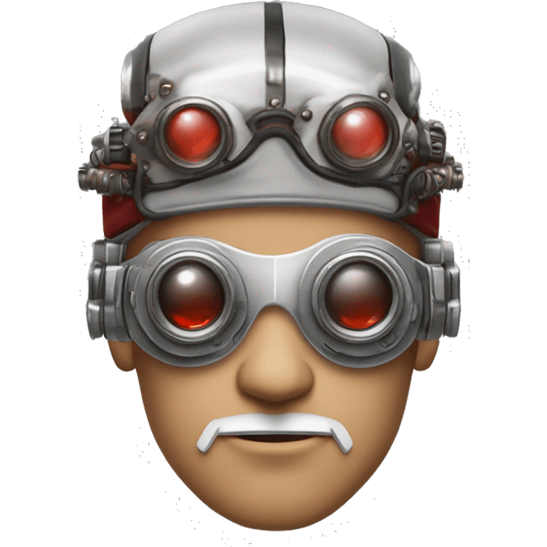 Red skin and white goatee male cyborg head with silver steampunk goggles emoji