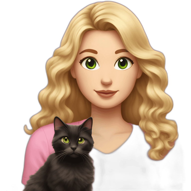 woman with green eyes and long wavy blonde hair and big boobs in a pink shirt is holding a very fluffy and fat black and tortoiseshell cat emoji